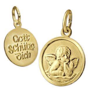 Goldener Engel rund &Oslash; 12 mm R&uuml;ckseite Gott Sch&uuml;tze Dich Echt Silber 925 vergoldet