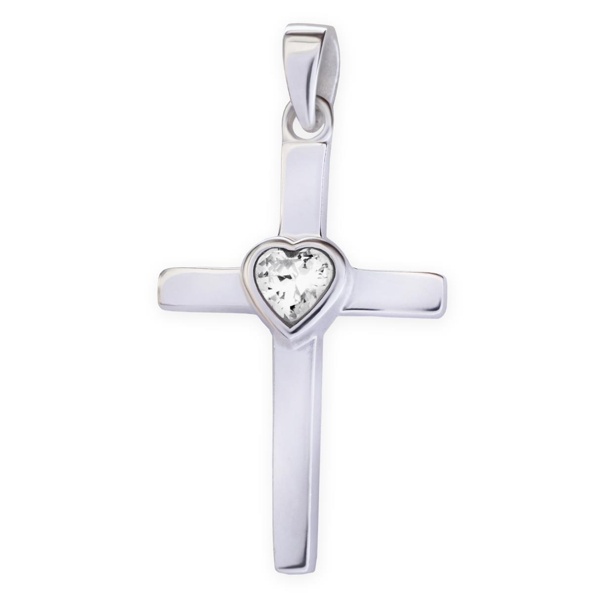 Silberner Anhänger Kreuz mit weißem Zirkonia Herz mittig gefasst 925 Sterling Silber
