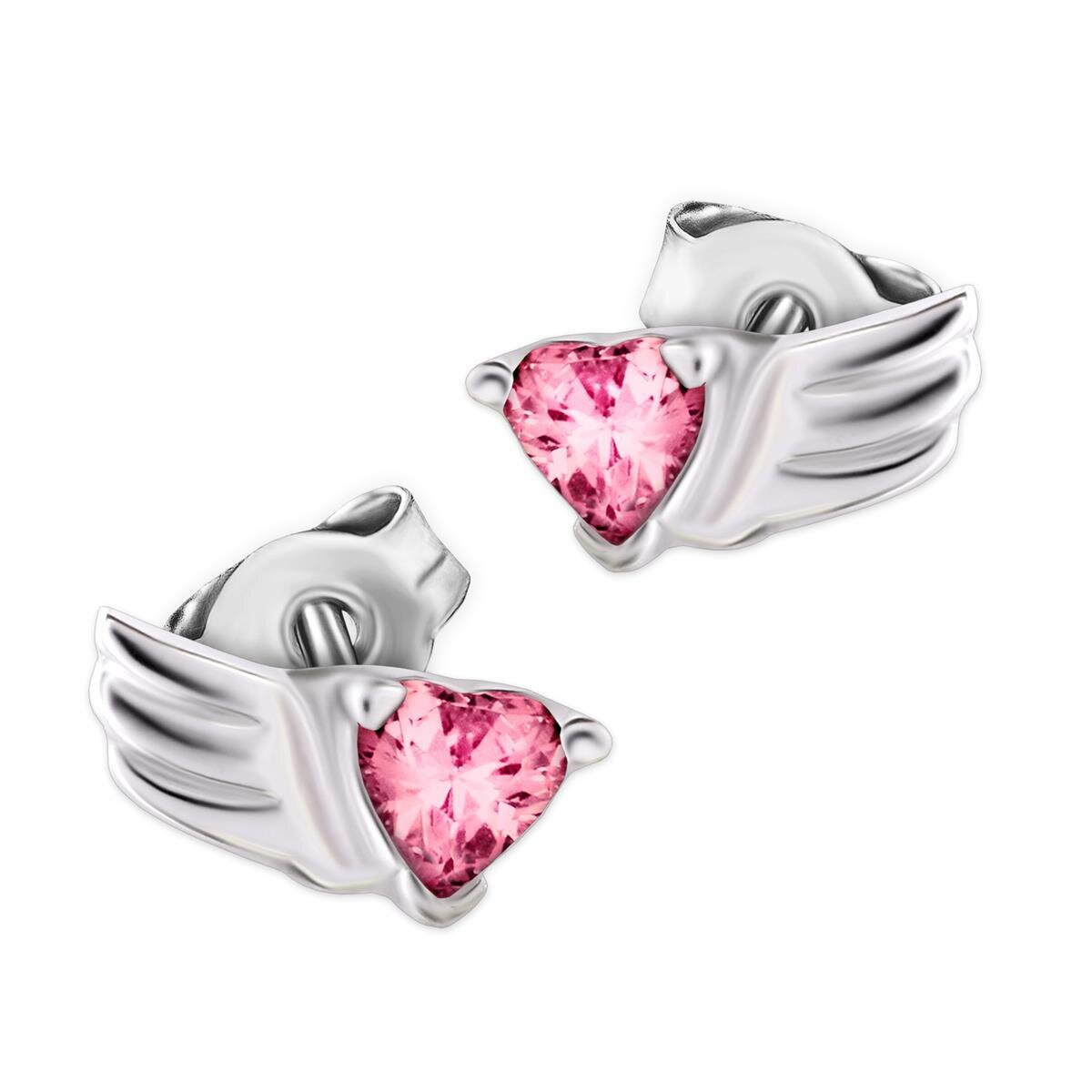 Kleine M&auml;dchen Ohrringe als Stecker 8x4 mm Zirkonia Herz rosa mit Engelsfl&uuml;gel Echt Silber 925