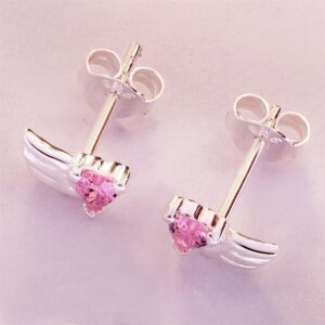 Kleine M&auml;dchen Ohrringe als Stecker 8x4 mm Zirkonia Herz rosa mit Engelsfl&uuml;gel Echt Silber 925