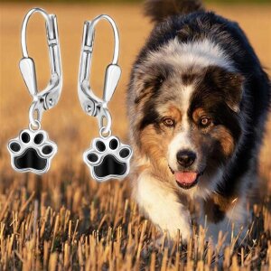 Silberne Hunde Ohrringe als H&auml;nger 24 mm mit kleiner Hundepfote 8 mm schwarz lackiert Echt Silber 925