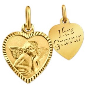 Goldenes Gravur Herz 11 x 10 mm mit Engel klassisch seidenmatt 333 Gold