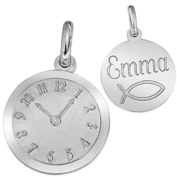 Silberner Anh&auml;nger Geburts Uhr mit Ziffernblatt matt und gl&auml;nzend Echt Silber 925