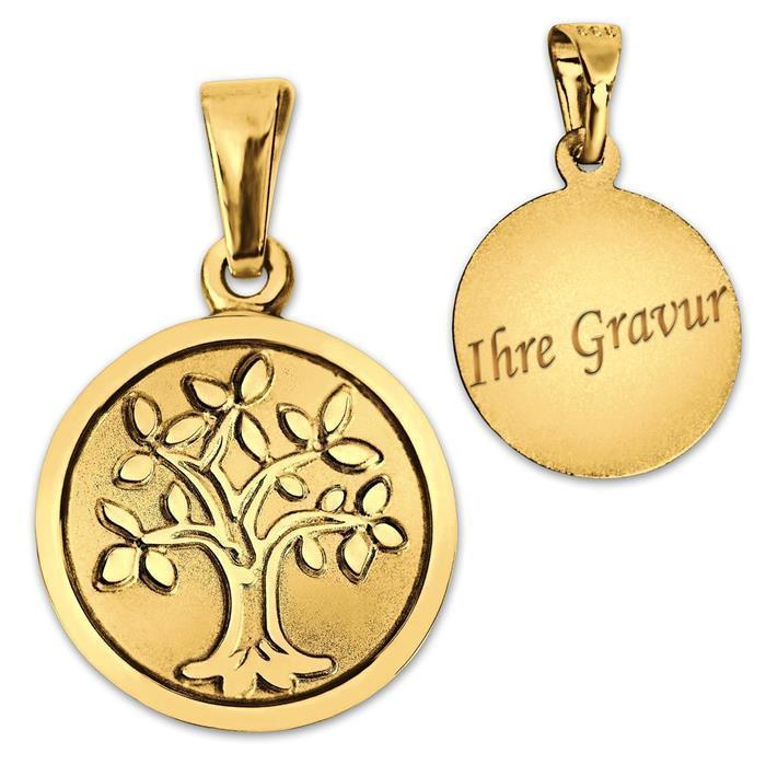  Goldener Anhänger Lebensbaum Ø 12 mm geschlossen matt mit Baum und Rand erhaben glänzend 333 GOLD 8 KARAT mit Gravur auf Rückseite