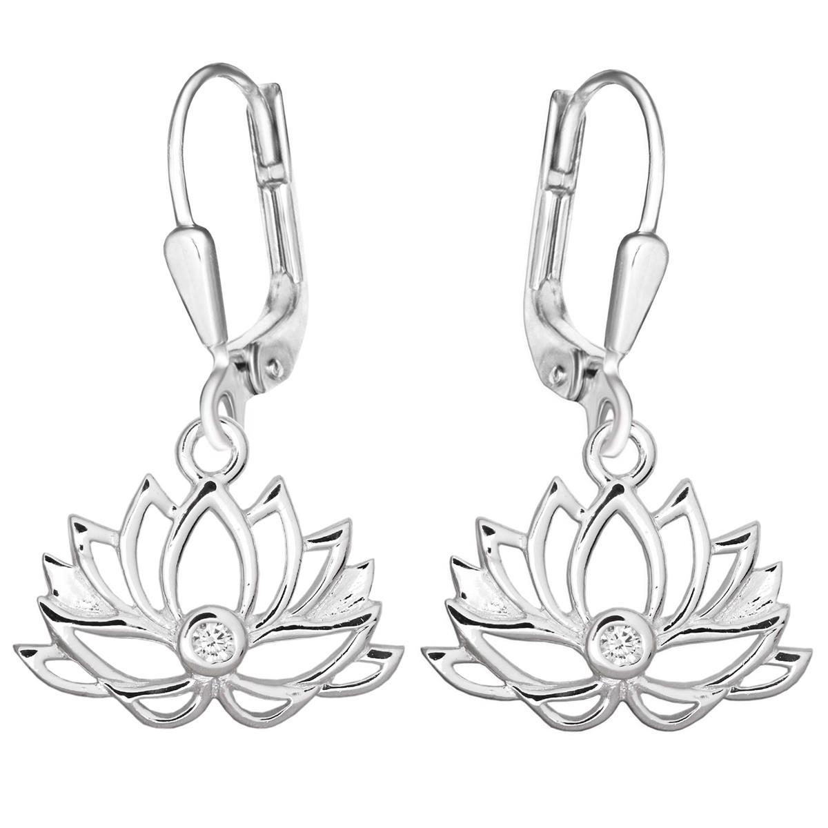 Silberne Lotusblüten Ohrhänger 11x17 mm mit Zirkonia weiß glänzend STERLING SILBER 925