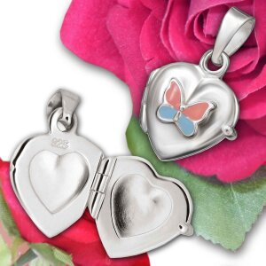 Herz Anhänger Medaillon 10 mm Schmetterling rosa blau Echt Silber 925