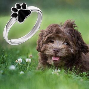 Hunde Pfote Ring schwarz lackiert gl&auml;nzend 925 Echt Silber universell einstellbare Gr&ouml;&szlig;e