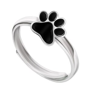 Hundpfote Ring schwarz lackiert gl&auml;nzend 925 Echt Silber universell einstellbare Gr&ouml;&szlig;e