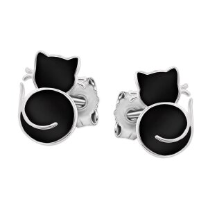 Kleine schwarze Katzen Ohrringe als Stecker Mini K&auml;tzchen 7 mm gekringelt gl&auml;nzend Echt Silber 925