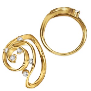 Goldener Ring Florales Muster als Kringel viele Zirkonia 925 Sterling Silber 52