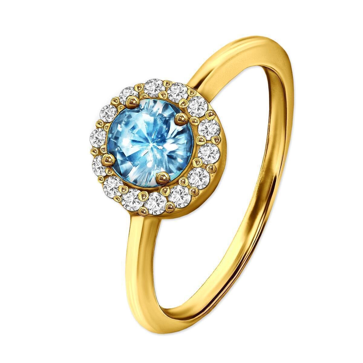 Goldner Ring großer Hellblauer Stein viele Zirkonia ringsrum Echt Silber 925 wählbare Größe