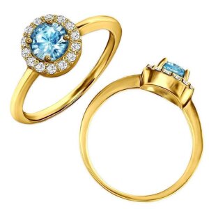 Goldner Ring großer Hellblauer Stein viele Zirkonia ringsrum Echt Silber 925 wählbare Größe