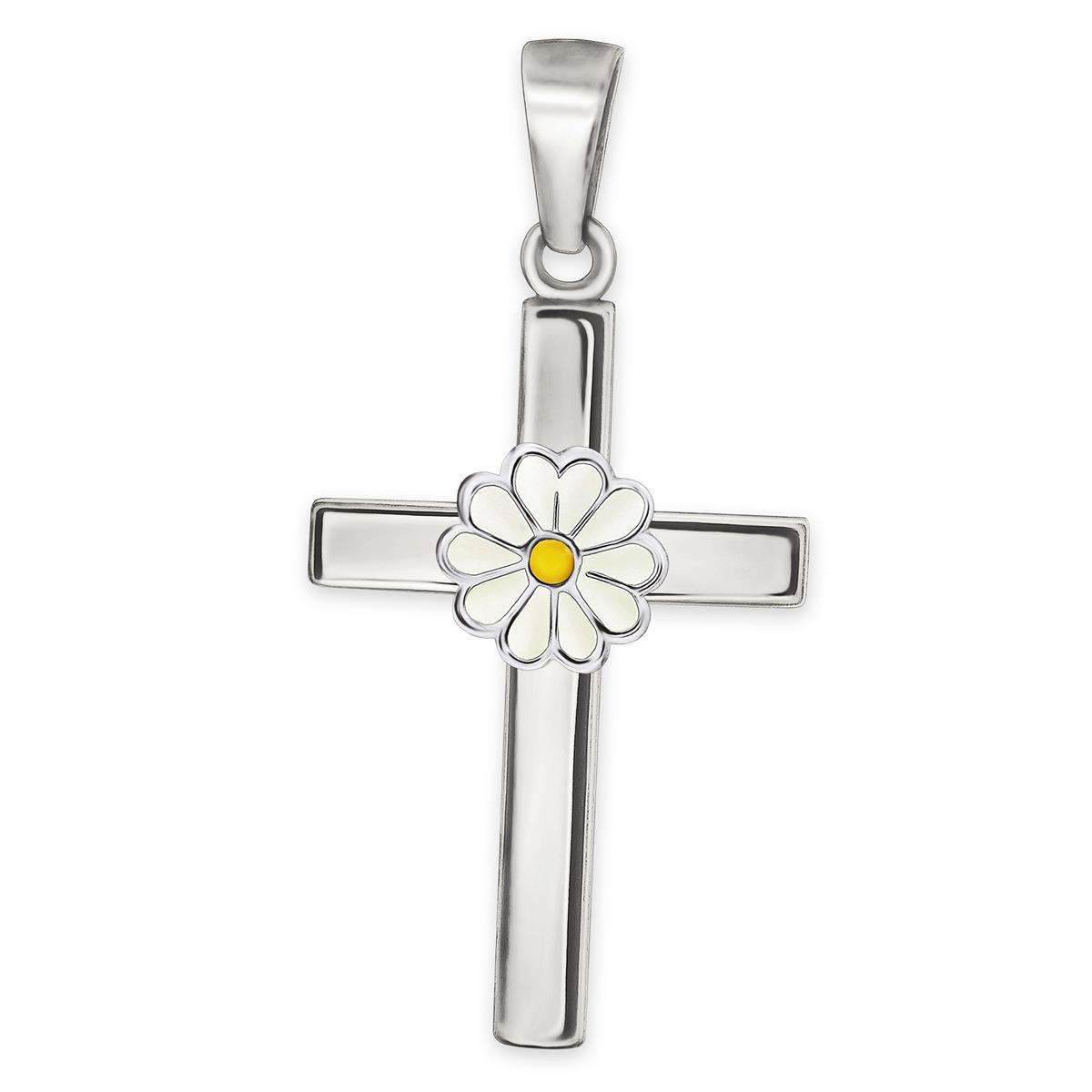 Silbernes Mädchen Kreuz 18 mm mit Gänseblümchen Echt Silber 925