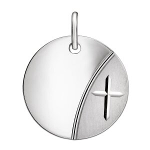 Silberne Gravurplatte rund teilmatt 14 mm mit kleinem Kreuz diamantiert Sterling Silber 925