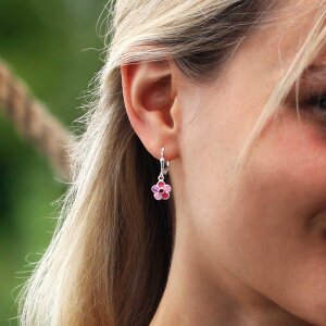 Silberne Ohrringe 25 mm mit Blume pink rosa lila und Zirkoniastein rot Echt Silber 925