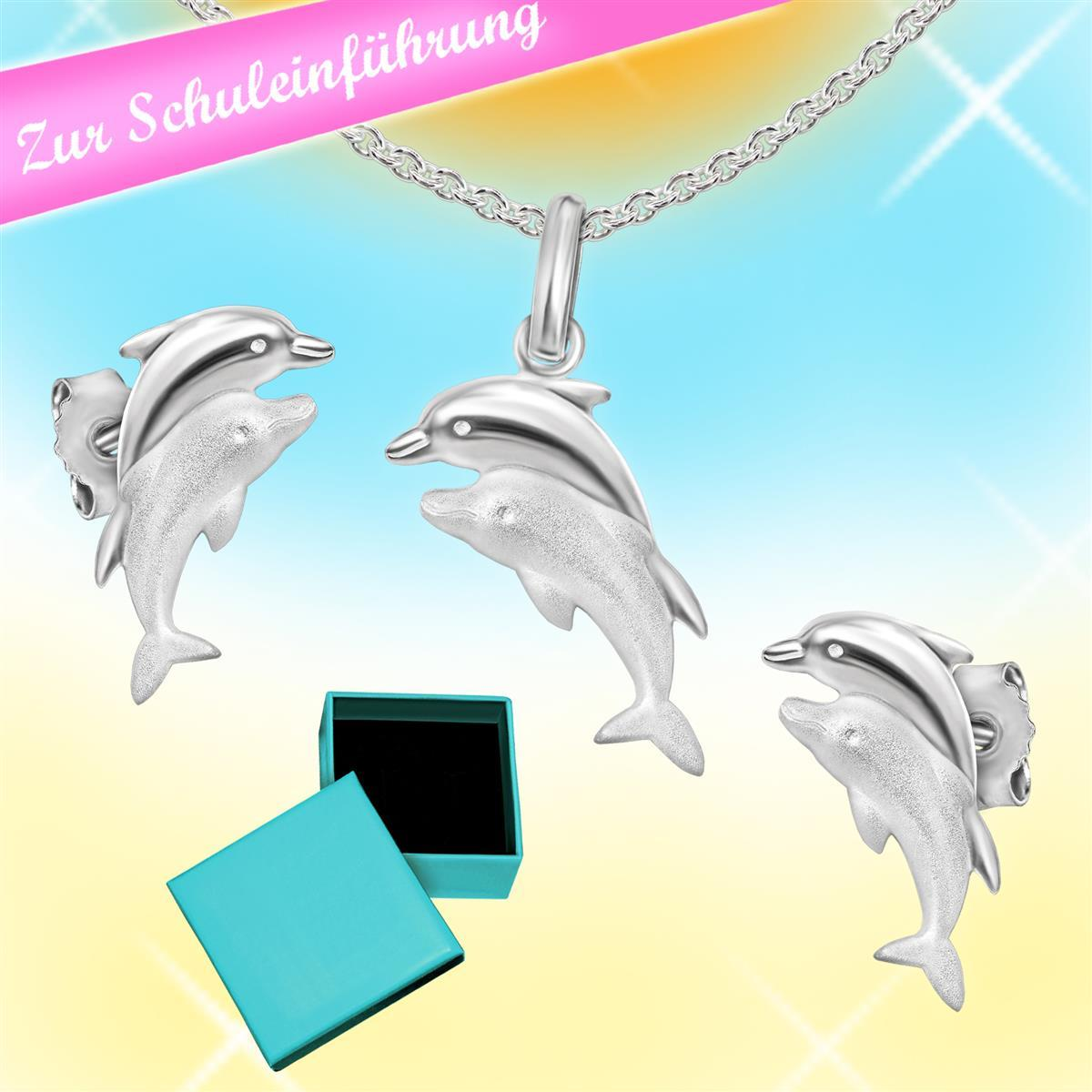 Kinderschmuckset Delfinpaar Anhänger + Ohrstecker + Erbsrkette 40 cm Sterling Silber 925