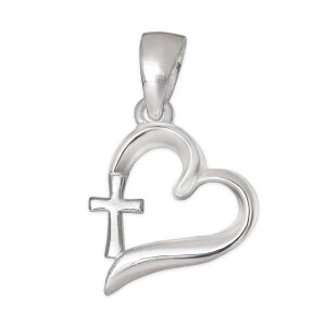 Kreuz im Herzanh&auml;nger 12 mm seitlich offene Herzform gl&auml;nzend Echt Silber 925