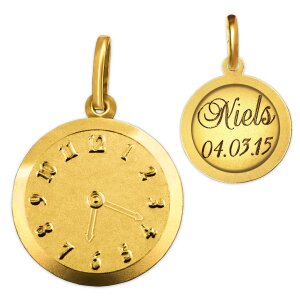 Goldene Uhr Ø 12 mm Vorderseite Uhr Rückseite matt 333 Gold mit Gravur