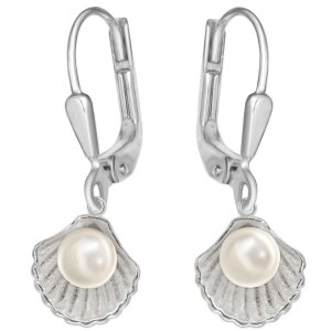 Silberne Muschel Ohrringe 28 mm mit kleiner weißer Perle Echt Silber 925