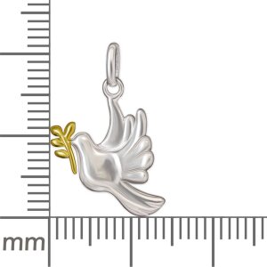Silberner Anhänger Friedenstaube 15 mm Taube mit Zweig teilvergoldet Friedenssymbol Echt Silber 925