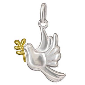 Silberner Anhänger Friedenstaube 15 mm Taube mit Zweig teilvergoldet Friedenssymbol Echt Silber 925