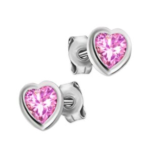 Silberne Ohrstecker Herz 5 mm rosa mit Steinchen weiß glänzend Echt Silber 925