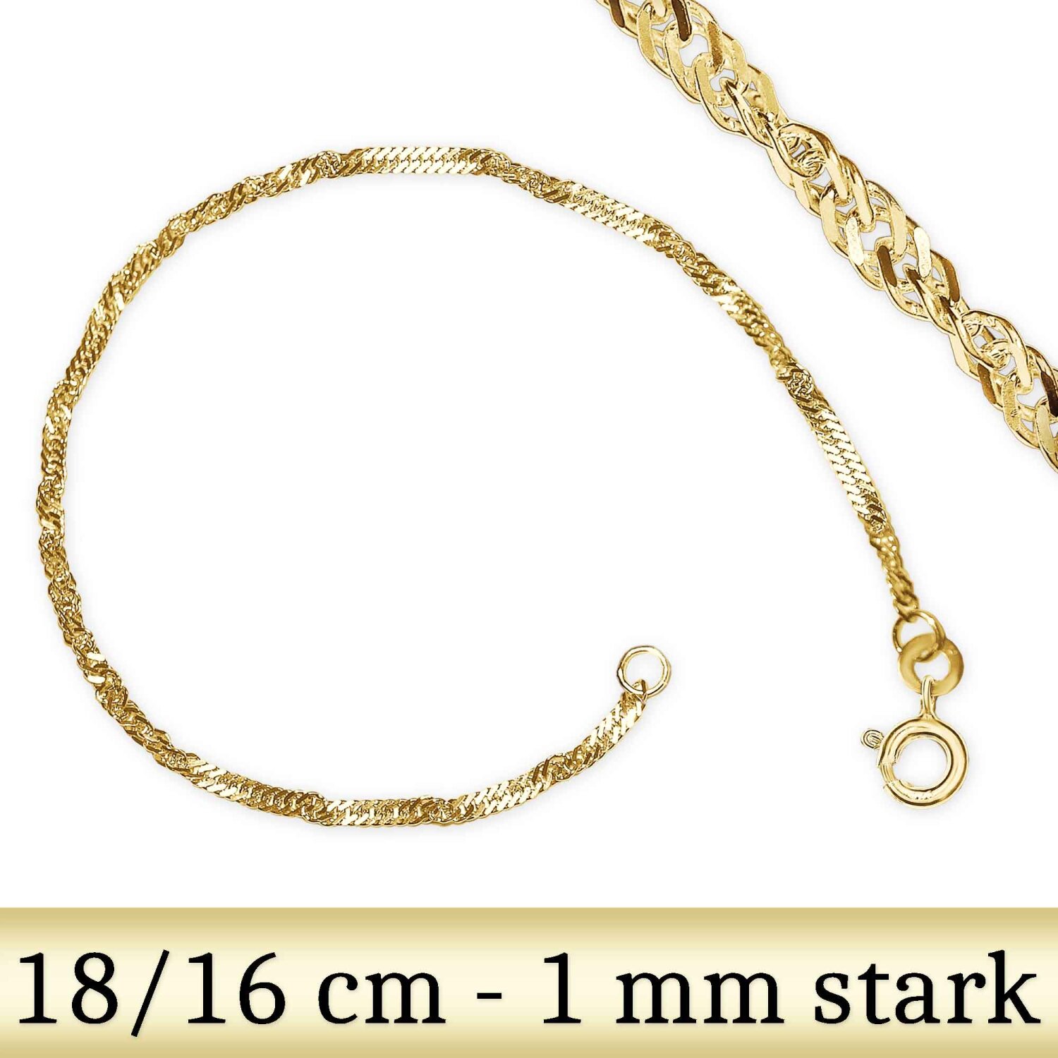 Goldenes Armband Singapur 18 cm  (16 cm Zwischenöse) 1 mm stark 333 Gold