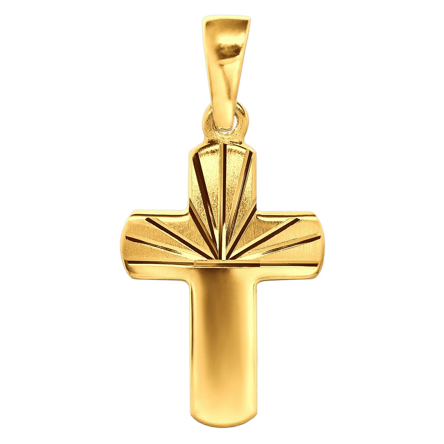 Goldenes Kreuz 15 mm oberseitig matt diamantiert mittig zulaufend 333 Gold