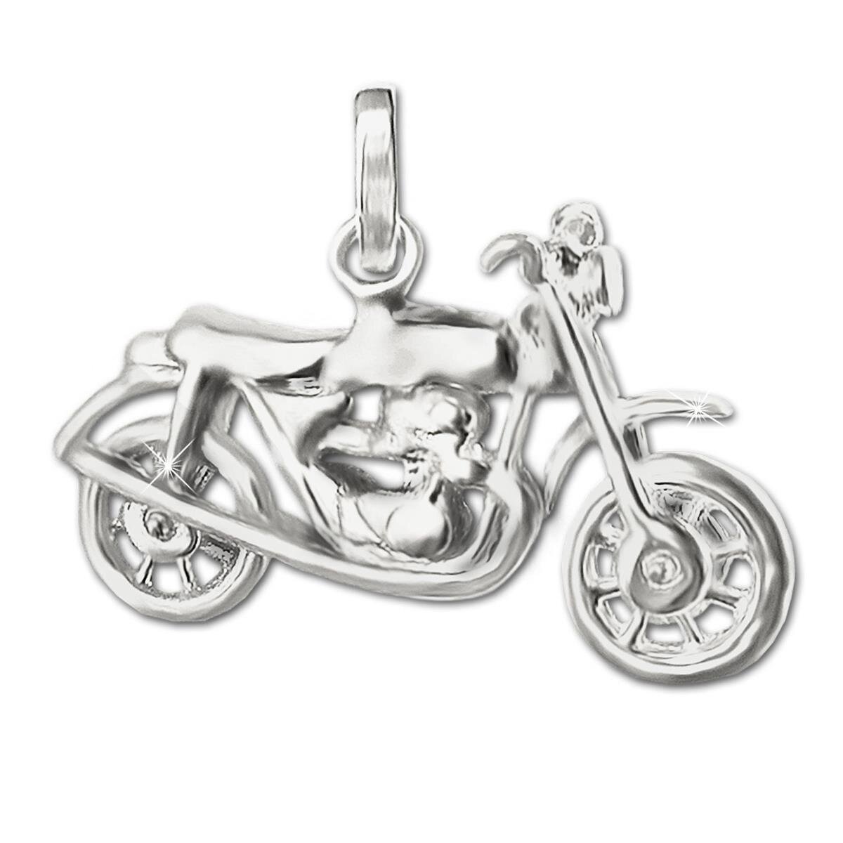 Silbernes 3D Oldtimer Motorrad 24 x 14 mm mit beweglichen Rad Echt Silber 925