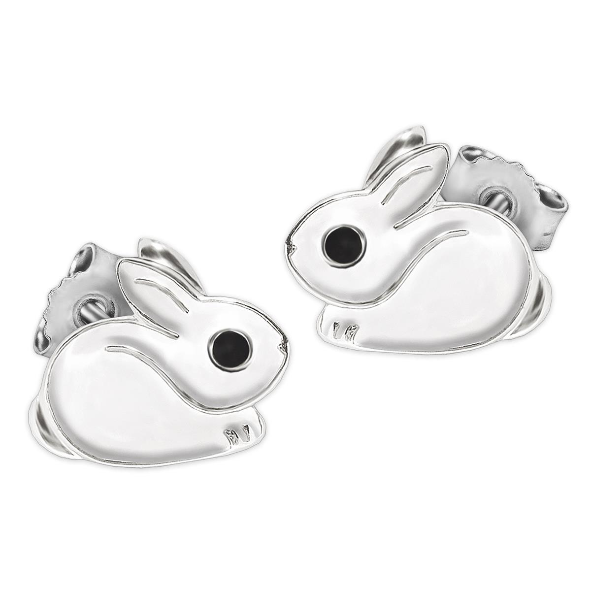 Silberne kleine Kinderohrringe als Stecker Mini Hase 6 mm hockend Fell weiß und Auge schwarz lackiert glänzend Echt Silber 925