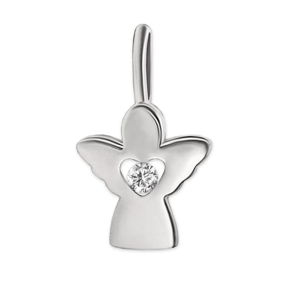 Silberner Anhänger Engel 10 mm mit einem Zirkonia im offenem Innen-Herz gefaßt STERLING SILBER 925 silberweiss