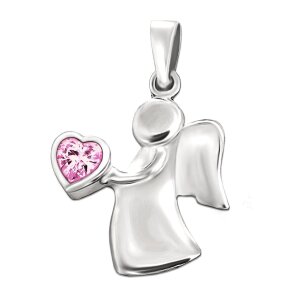 Silberner Engel 15 mm mit rosa Zirkonia Herz in der Hand Echt Silber 925