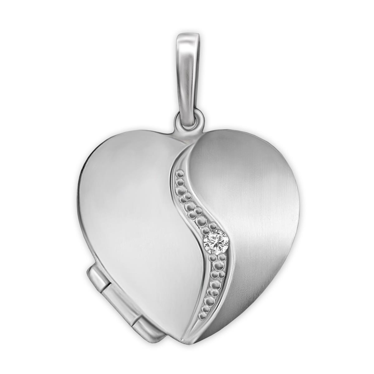 Silbermedaillon Herz Anhänger Herz matt und glänzend, geschwungener Bogen mit einem Zirkonia Echt Silber 925