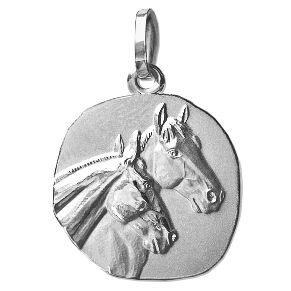 Silberner Anh&auml;nger Medaille &Oslash; 18 mm 2 Pferdek&ouml;pfen Echt Silber 925
