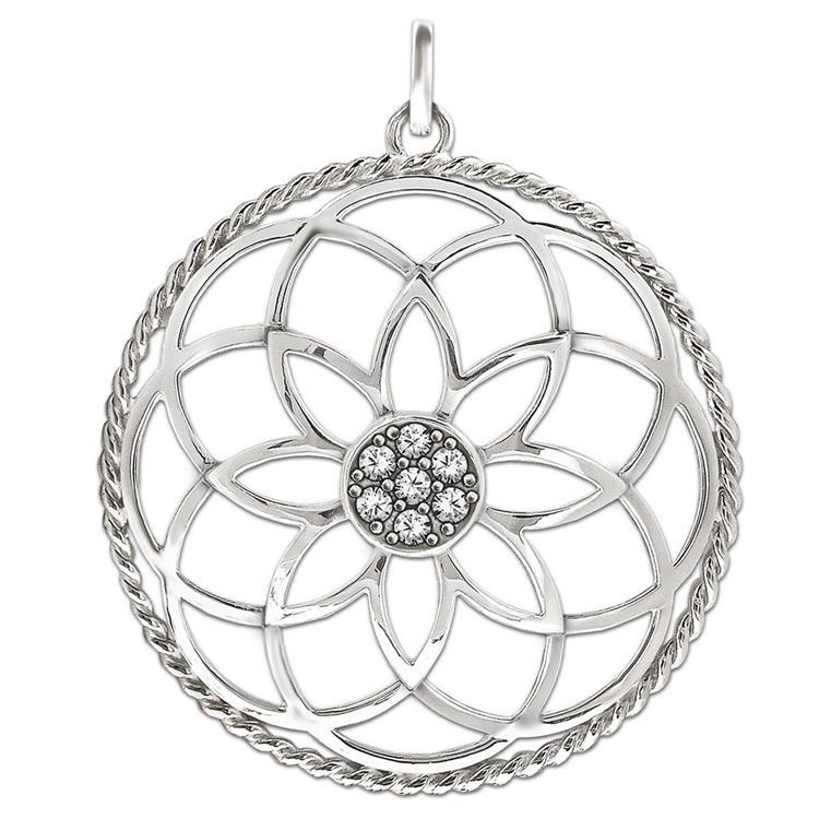 Mandala Anhänger Ø 40 mm Blume des Lebens mit vielen Zirkoniasteinen Echt Silber 925