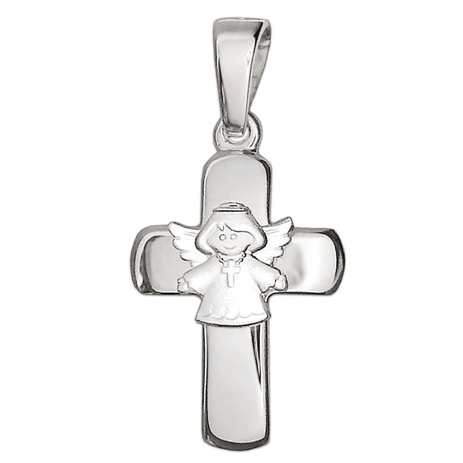Silberner Kinderkreuz Anh&auml;nger 15 mm gl&auml;nzend in der Mitte mit Schutzengel kindlich matt Echt Silber 925
