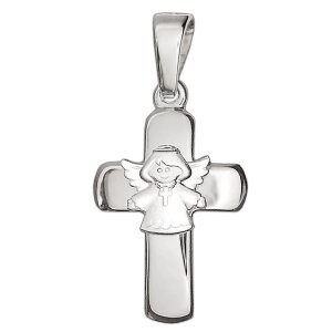 Silbernes Kreuz Anh&auml;nger 15 mm mit Schutzengel kindlich Echt Silber 925