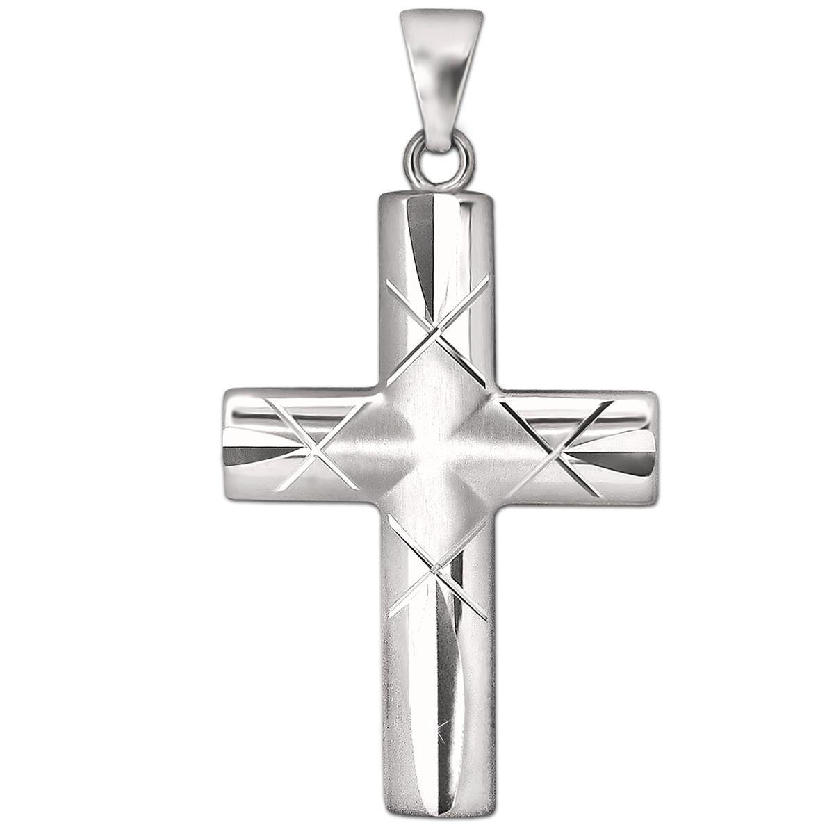 Silbernes großes Herren Kreuz 32 mm gewölbt Balken breit Enden gekerbt Echt Silber 925 rhodiniert