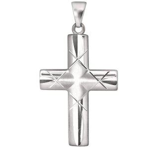 Silbernes Kreuz 32 mm, gew&ouml;lbte Balken Enden gekerbt, innen gekreuztes Muster STERLING SILBER 925 rhodiniert
