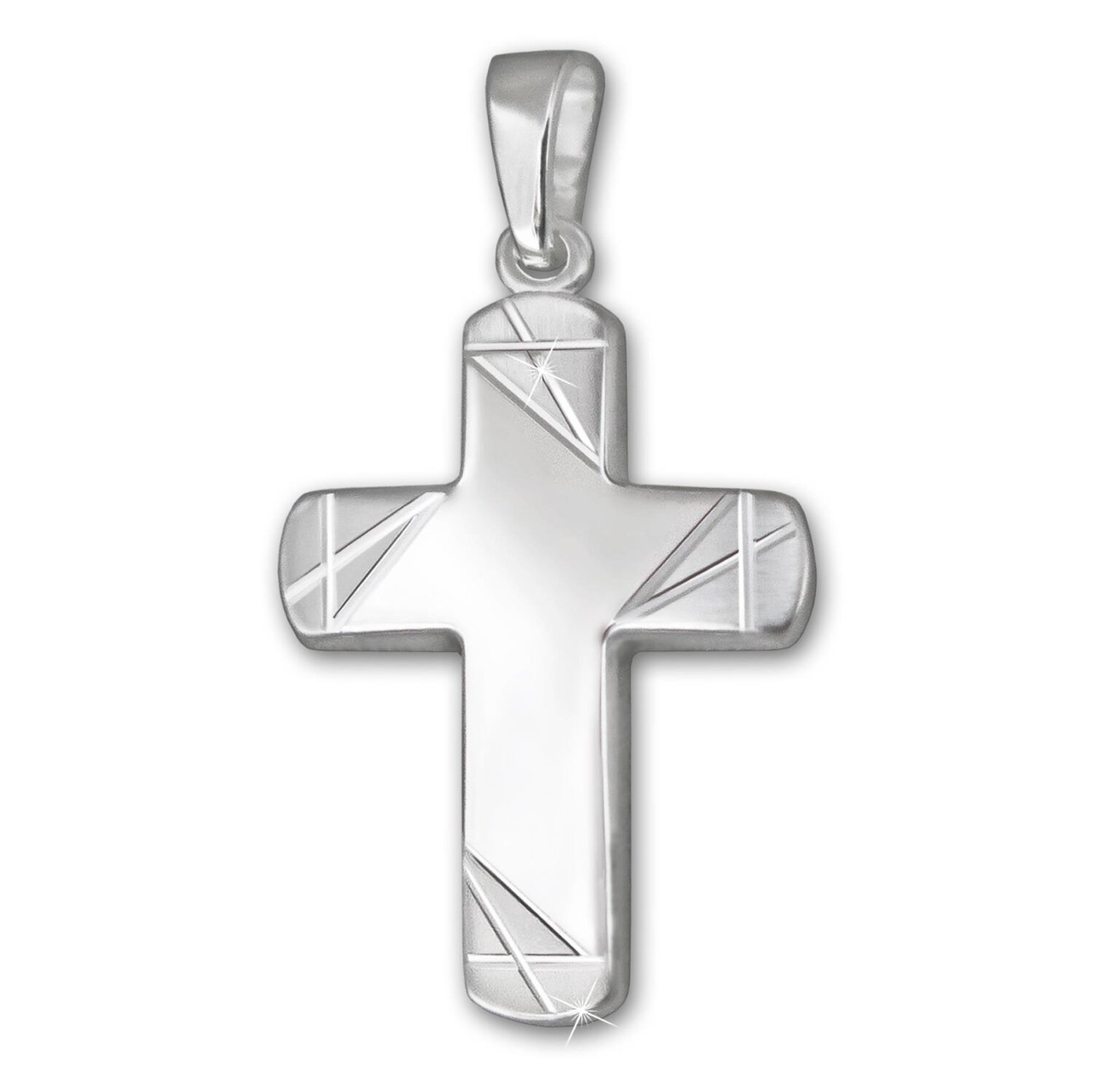 Silbernes Kreuz 20 mm breite Balken, innen gl&auml;nzend, Kreuzenden matt verziert mit Linien gekreuzt gemustert SILBER 925