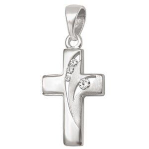 Silberner Kreuz Anhänger 15 mm elegant 3 + 1 Zirkoniasteine teilmatt Echt Silber 925