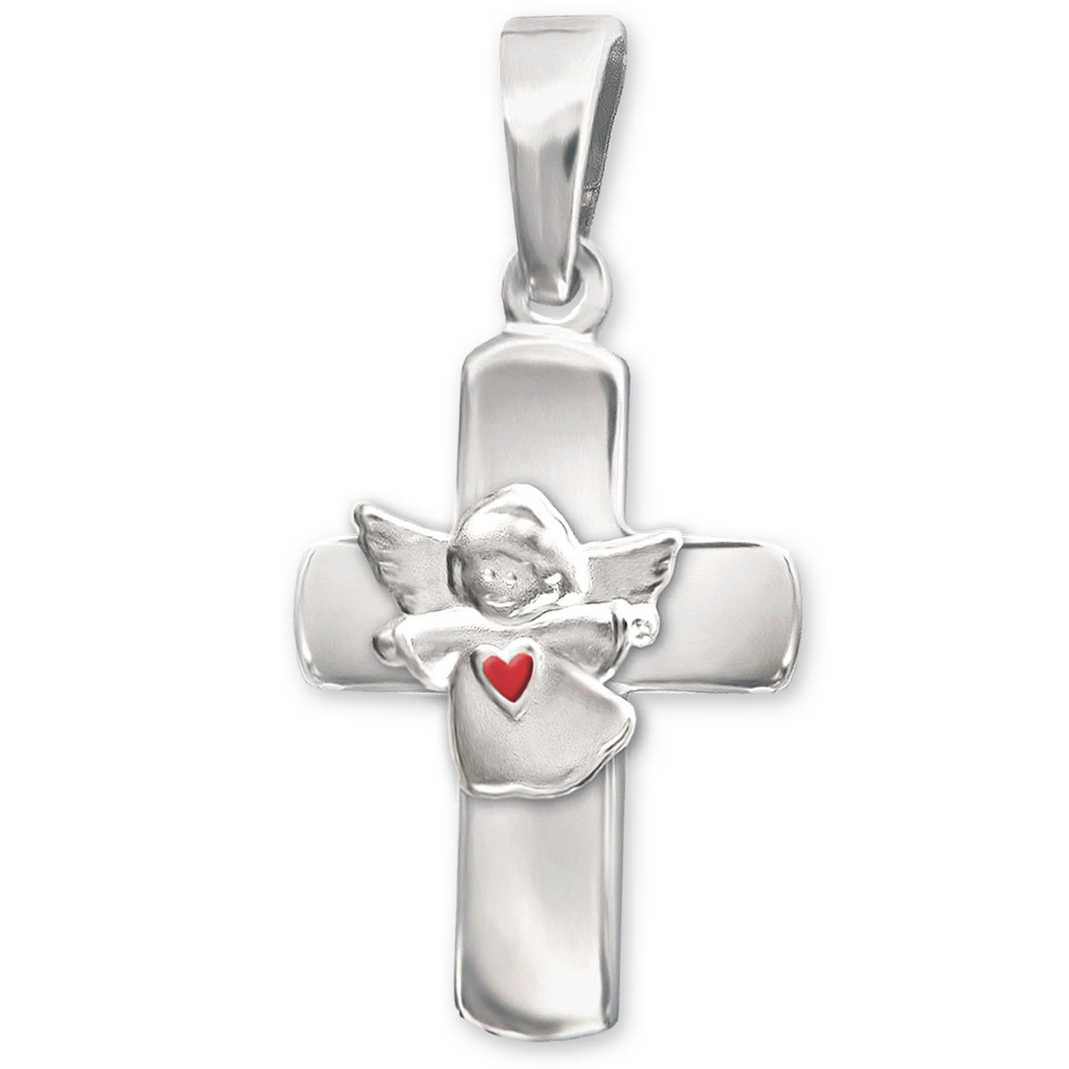Silberner Anhänger Kreuz 15 mm glänzend mit erhabenen Kinderengel seidenmatt und Herz rot STERLING SILBER 925