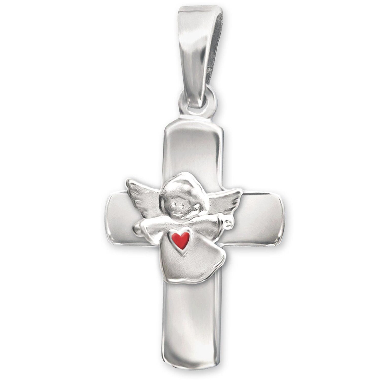 Silberner Anhänger Kreuz 15 mm glänzend mit Kinderengel Herz rot Echt Silber 925