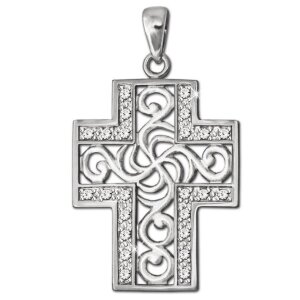 Silberner Anhänger Kreuz 30 mm verschnörkeltes Muster mit Zirkonias Echt Silber 925 rhodiniert