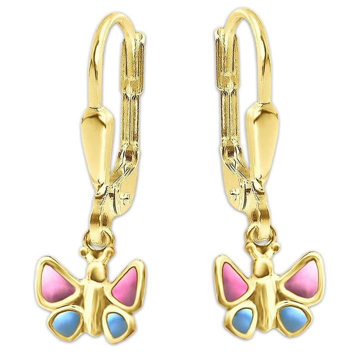 Goldene Ohrhänger 22 mm mit Schmetterling 7 x 6 mm pink blau glänzend 333 GOLD 8 KARAT im Etui