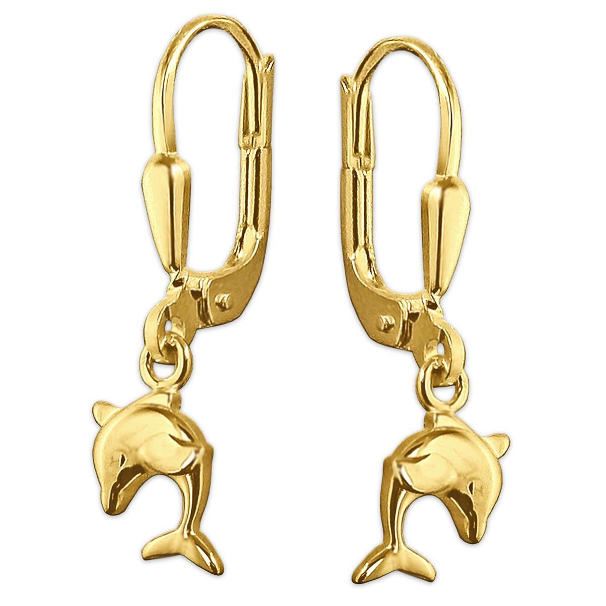 Goldene Ohrhänger 23 mm kleiner Mini Delfin 8 mm beidseitig plastisch, schlicht und glänzend 333 GOLD 8 KARAT