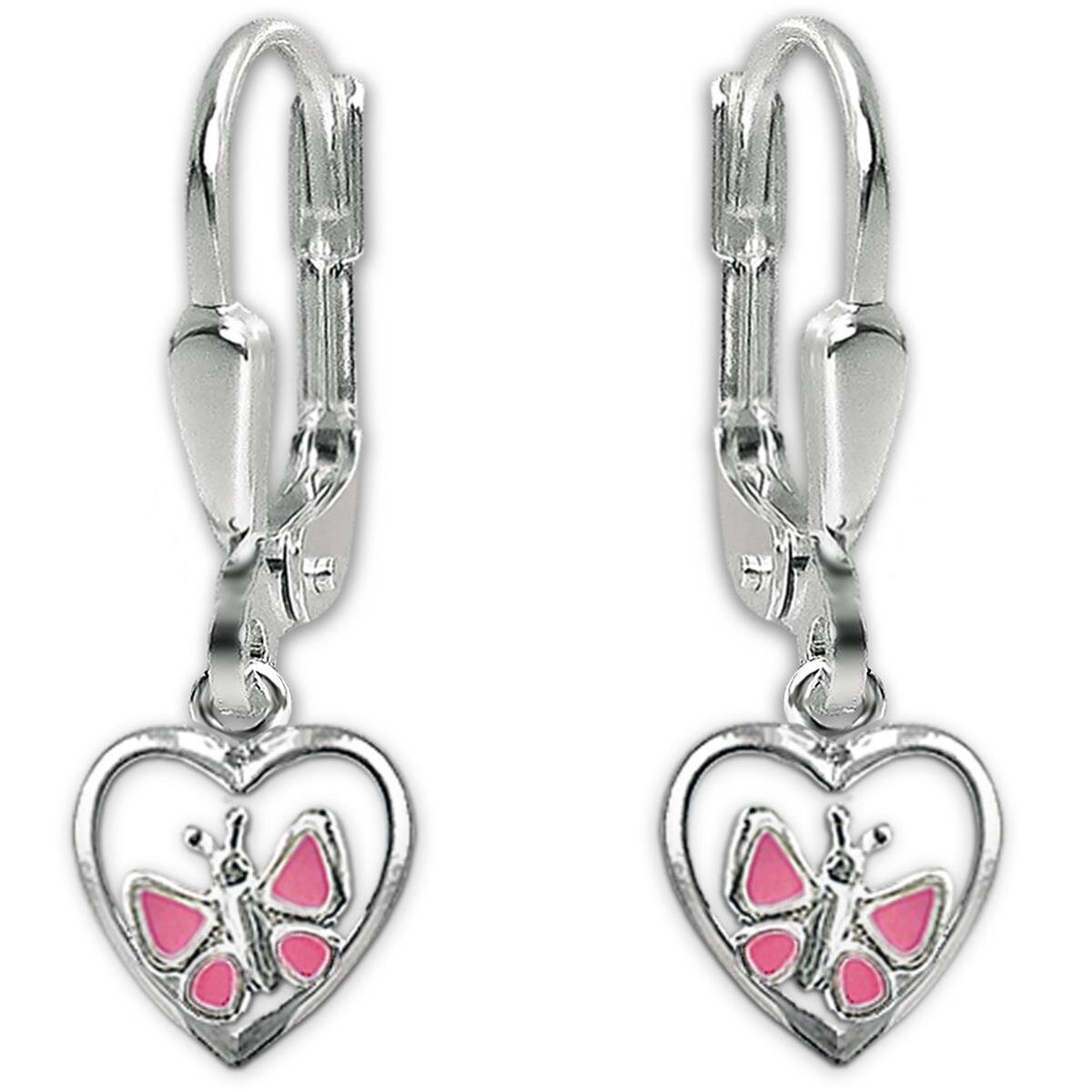 Silberne Ohrhänger 22 mm Schmetterling rosa im Herz Echt Silber 925