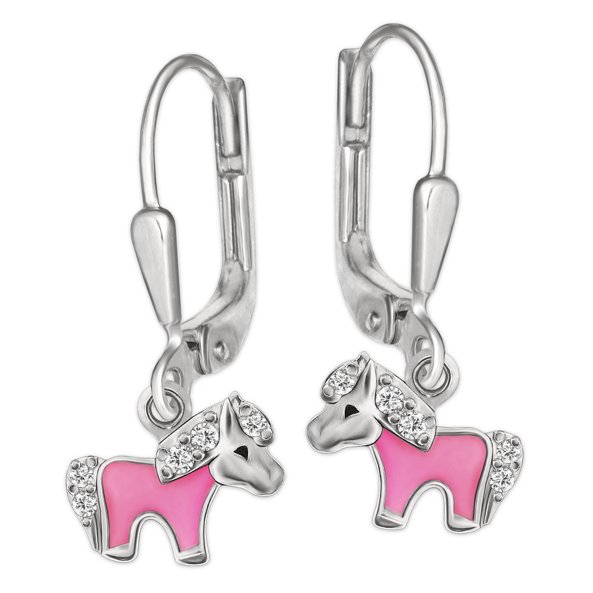 Silberne Ohrhänger 20 mm Mini Pony 5 mm, teils rosa lackiert mit mehreren Zirkonias glänzend STERLING SILBER 925
