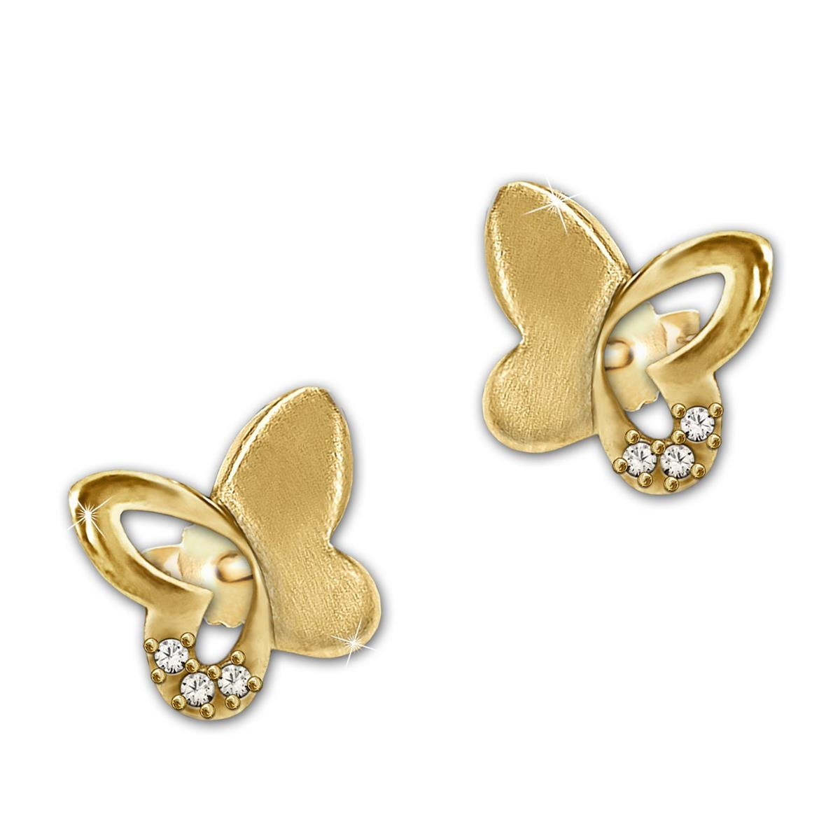 Gold Ohrringe als Stecker Schmetterlinge 7 mm halb matt glänzend mit Zirkoniastein 333 Gelbgold 8 Karat